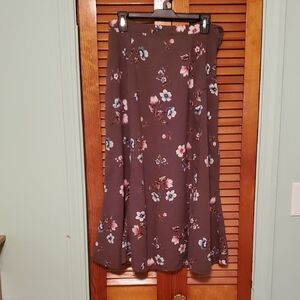 Chic Floral A-Line Skirt - Brown with Pink and Blue Accents